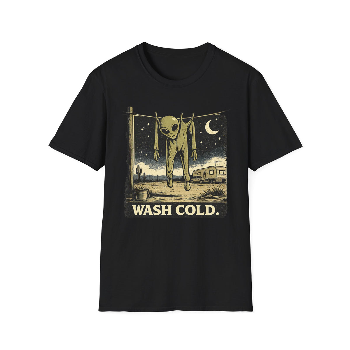 Alien Hanging on Clothesline 'Wash Cold' T‑Shirt — Retro Desert UFO Graphic Tee