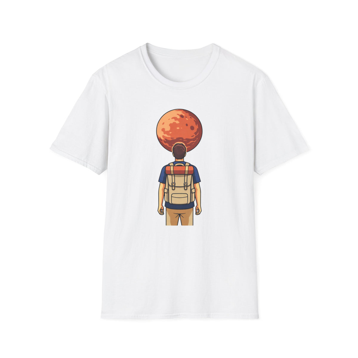 Adventure Backpacker T‑Shirt — Traveler Gazing at Red Planet Graphic