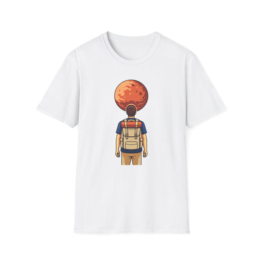 Adventure Backpacker T‑Shirt — Traveler Gazing at Red Planet Graphic