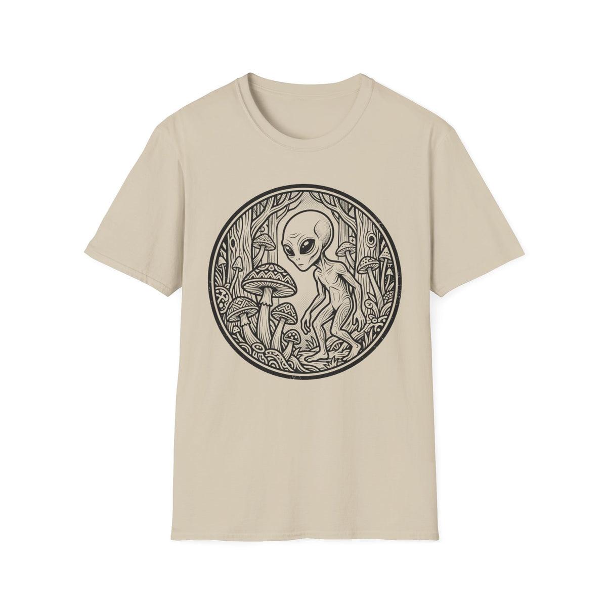 Alien Among Mushrooms T‑Shirt — Psychedelic Forest Graphic Tee