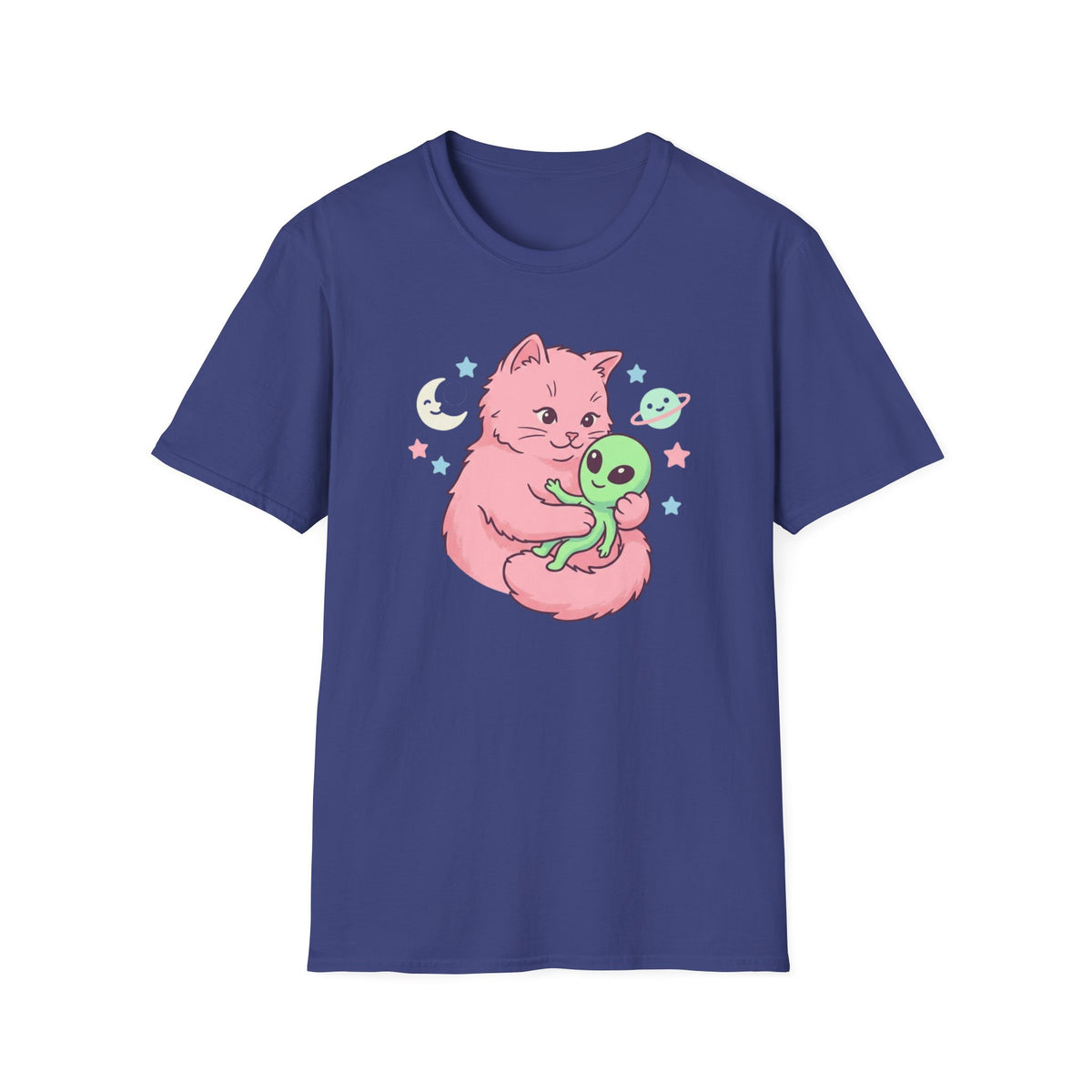 Cute Pink Cat Hugging Alien T-Shirt — Whimsical Space Kitty Graphic Tee
