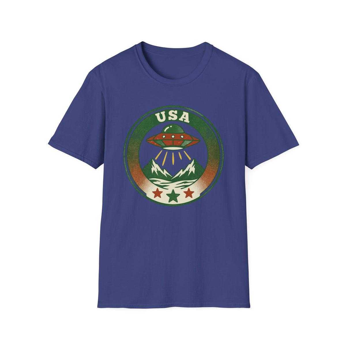 USA UFO Badge T-Shirt — Retro Alien Spaceship Graphic