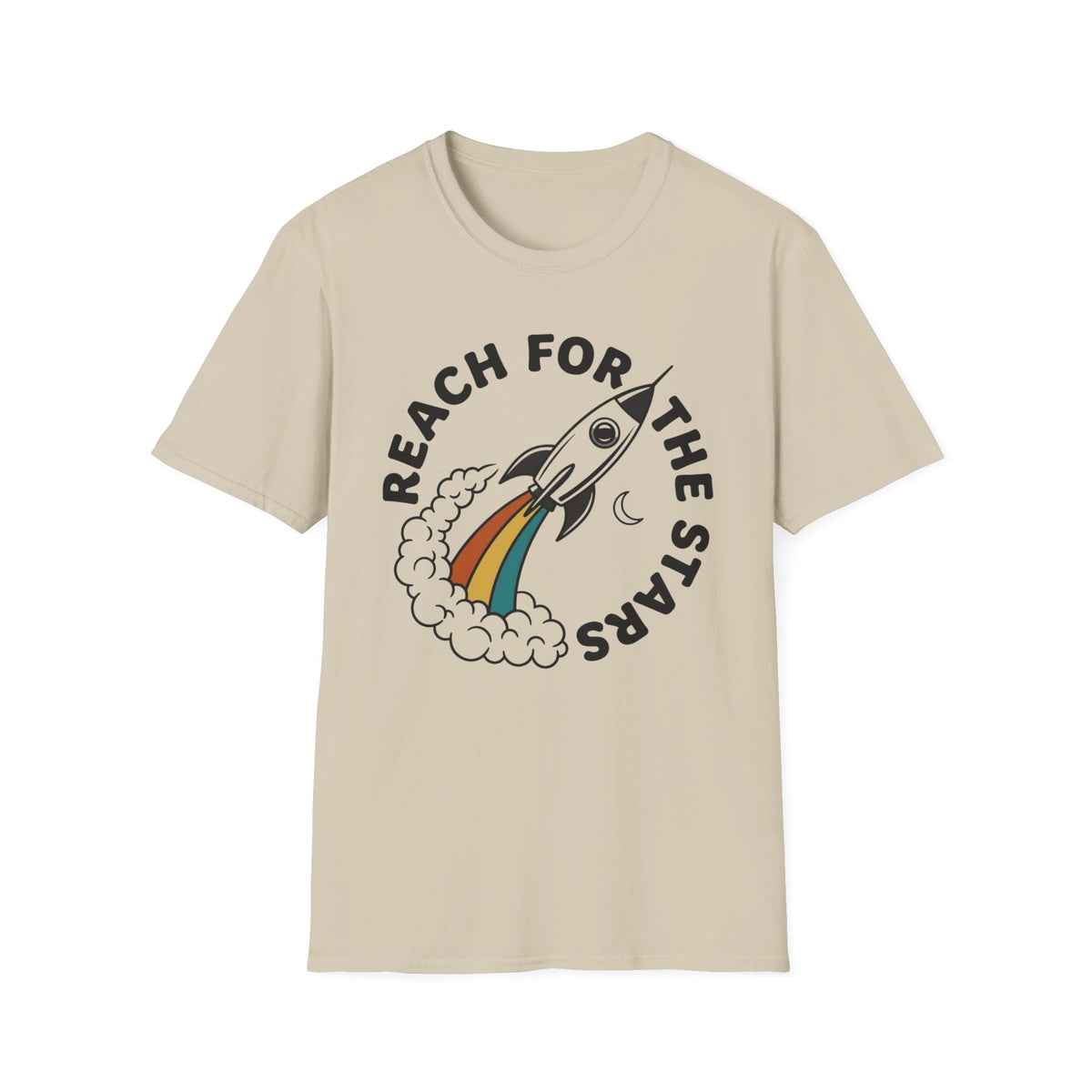 Reach for the Stars Rocket T-Shirt — Inspirational Retro Rainbow Space Tee