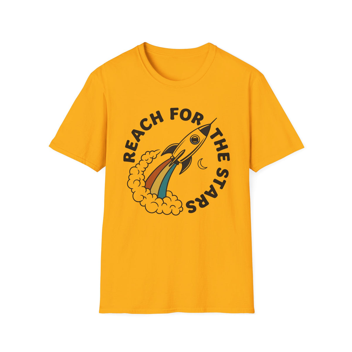 Reach for the Stars Rocket T-Shirt — Inspirational Retro Rainbow Space Tee