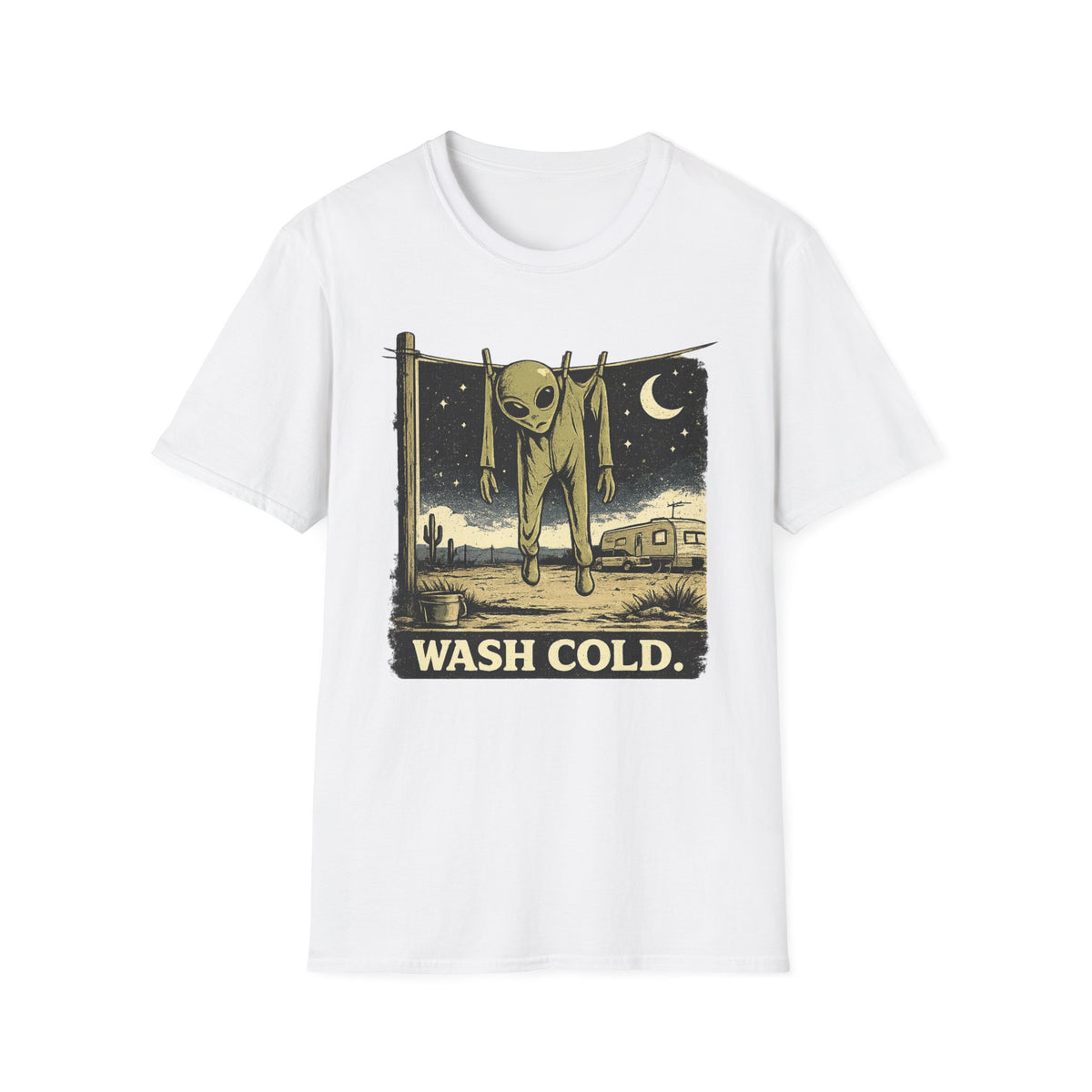 Alien Hanging on Clothesline 'Wash Cold' T‑Shirt — Retro Desert UFO Graphic Tee