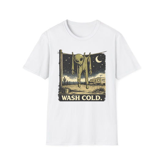 Alien Hanging on Clothesline 'Wash Cold' T‑Shirt — Retro Desert UFO Graphic Tee